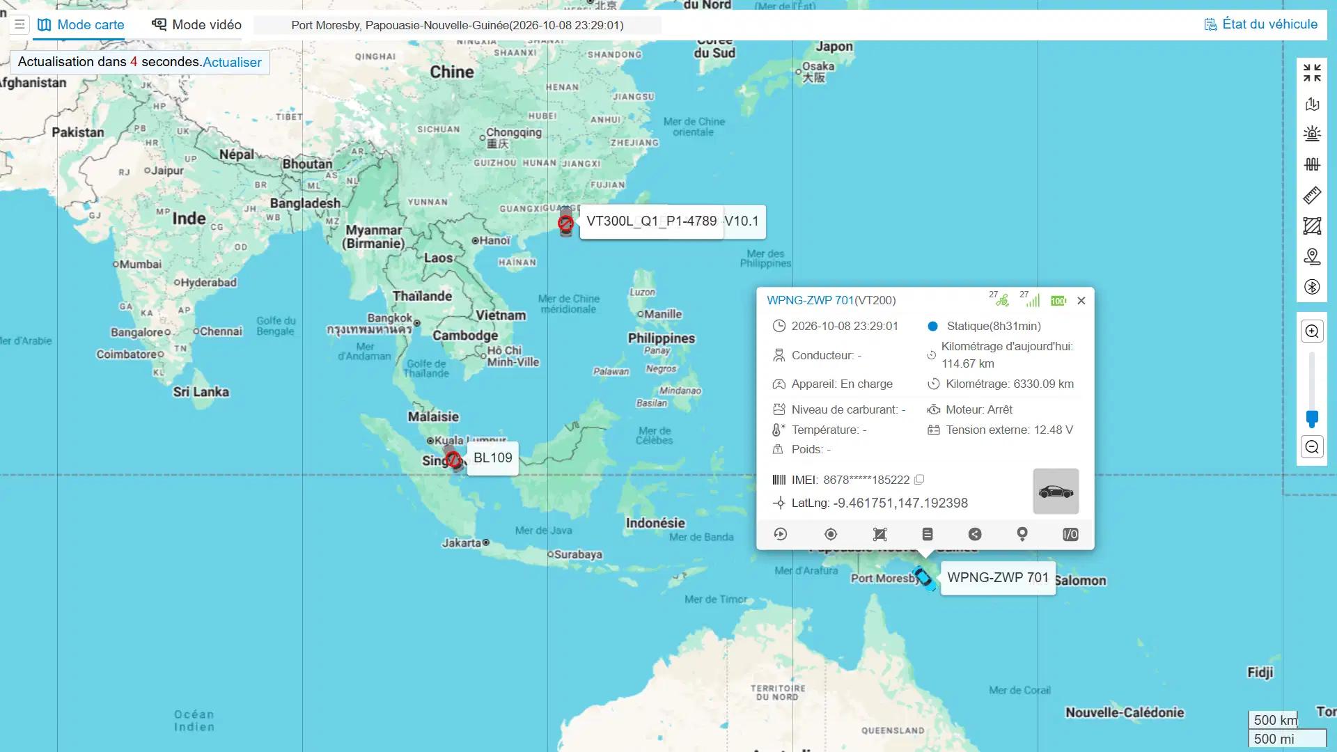 Interface de suivi GPS en temps réel et vue de la flotte sur carte interactive